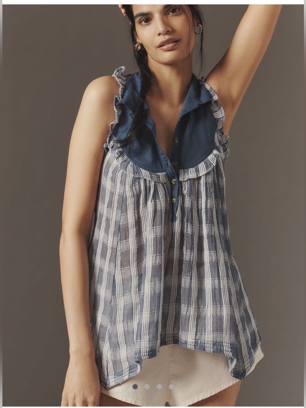 Pilcro by Anthropologie Tiered Sleeveless Blouse Size S Blue gingham swing